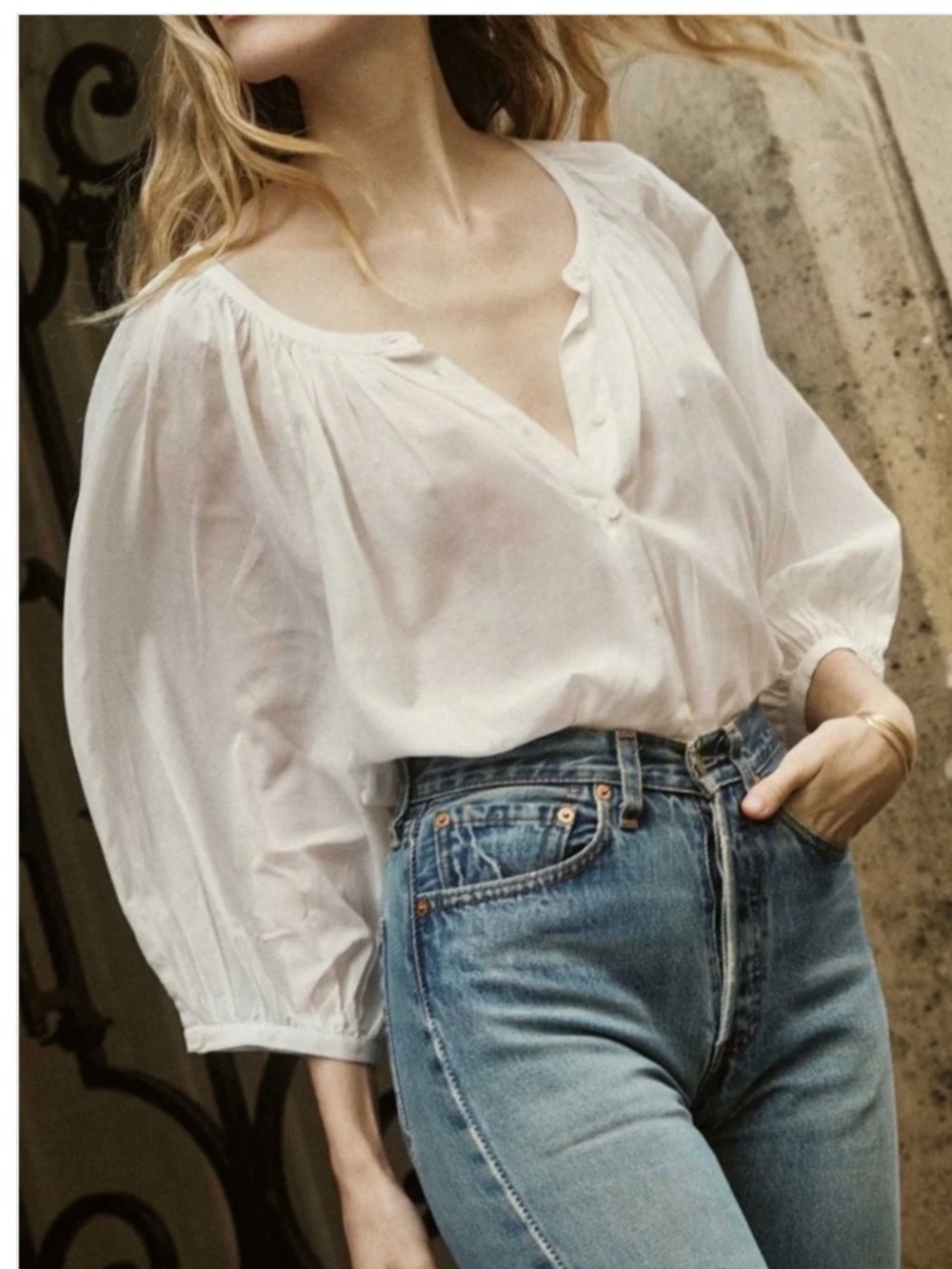Doen Jiana Salt White Button-Front Gathered Peasant Top Medium